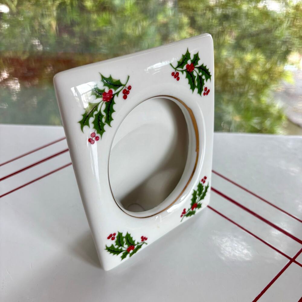Vintage Japan Ceramic Christmas Holly Picture Frame Gold Trim